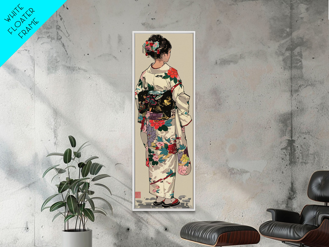 Skinny Art Traditional Kimono In Japanese Style Wood Block Print Intricate Floral Pattern On Framed Canvas Print, Tall Art Ukiyo-e