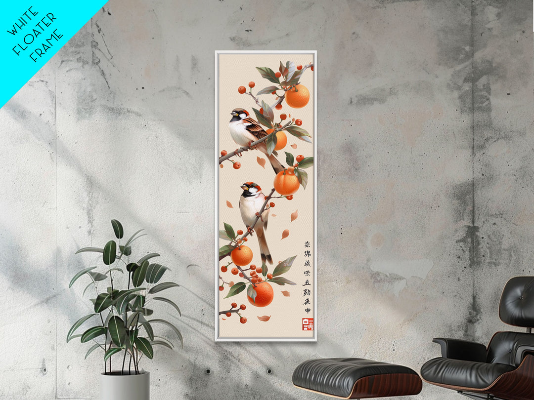 Skinny Art Tall Art Framed Canvas Print Wood Block Print Of Elegant Bird Perched On Branch Amidst Orange Fruits Ukiyo-e Japanese Style Art