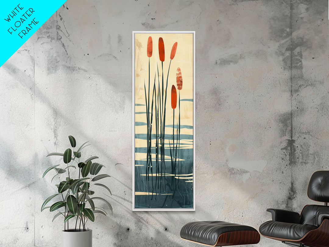 Skinny Art Tall Art Framed Canvas Print Minimalist Cattail Plants With Abstract Lines And Earthy Tones Ukiyo-e Japanese Style Art