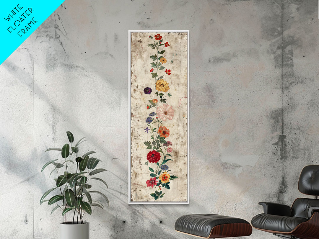 Skinny Art Tall Art Framed Canvas Print Vintage Style Floral Art With Mixed Blossoms On A Rustic Background Ukiyo-e Japanese Style Art