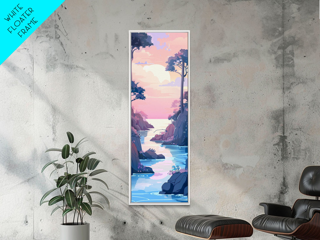 Skinny Art Tall Art Framed Canvas Print Serene Coastal Landscape At Dusk With Soft Pastel Colors Ukiyo-e Japanese Style Art