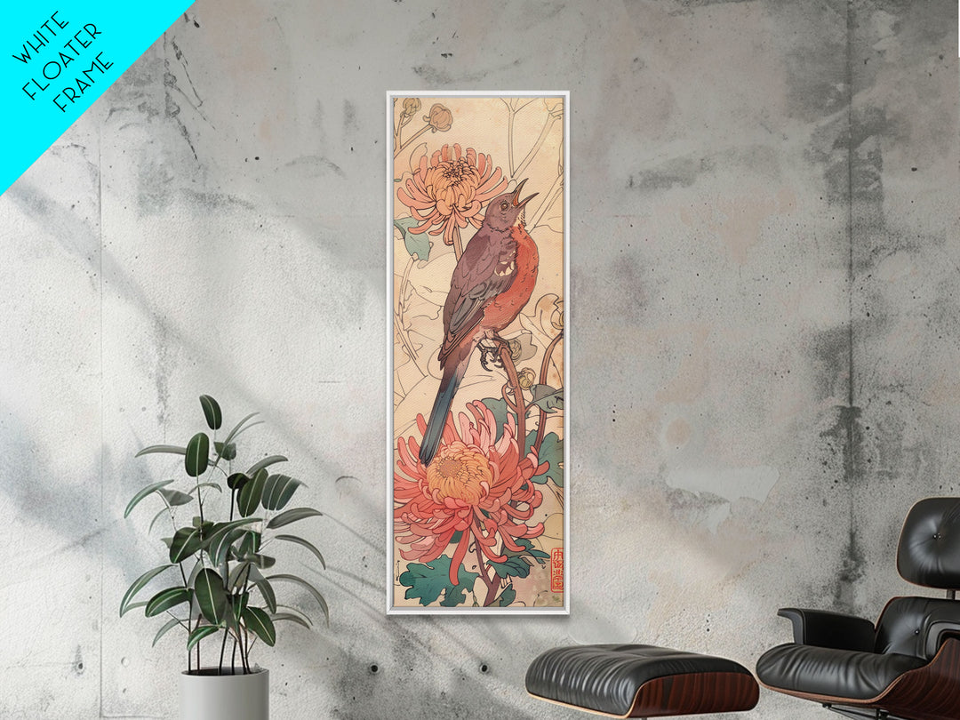 Singing Bird Amid Chrysanthemums Soft Pastels Skinny Art Tall Art Framed Canvas Print Japanese Style Art Ukiyo-e Art Wood Block Print Floral