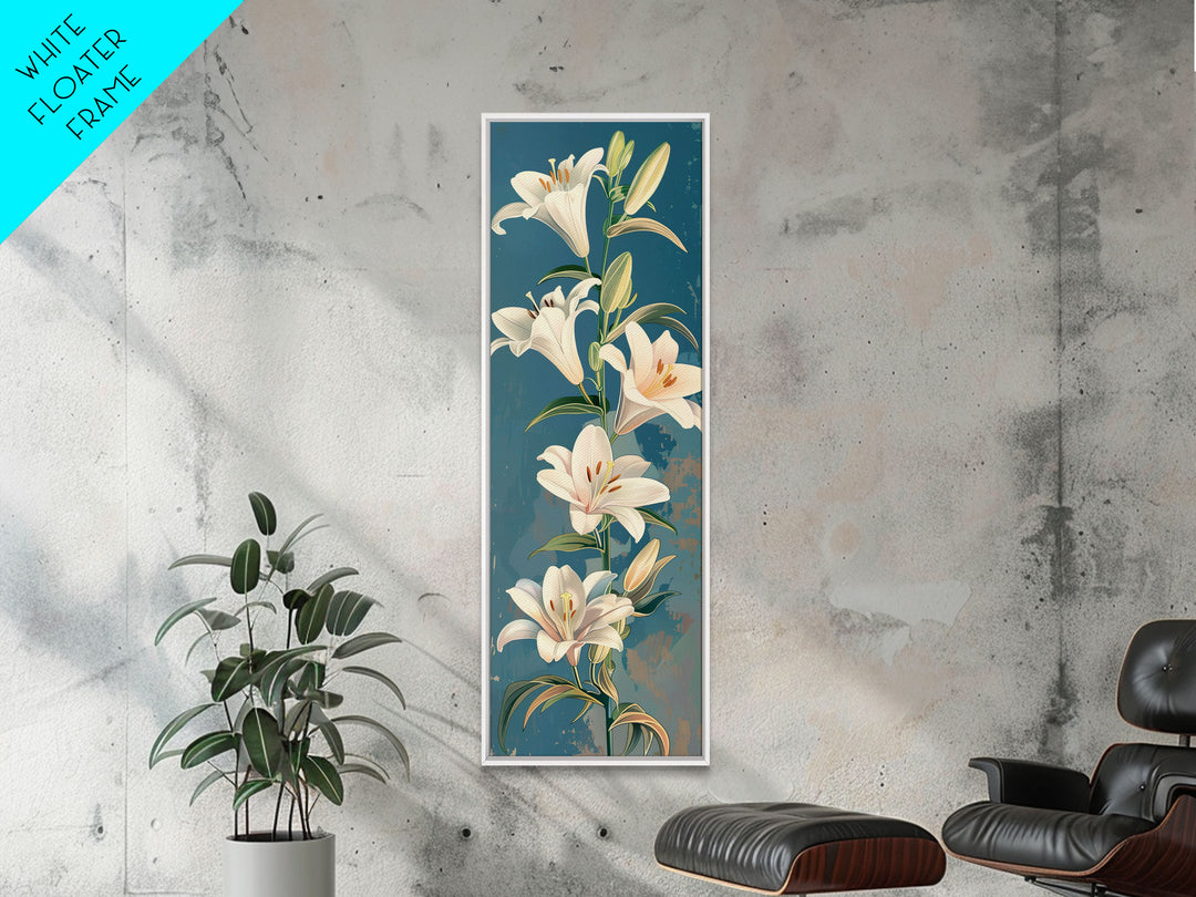 White Lilies On Green Stems Against Faded Blue Background Tall Art Skinny Art Framed Canvas Print Japanese Style Art Ukiyo-e Wood Block Print