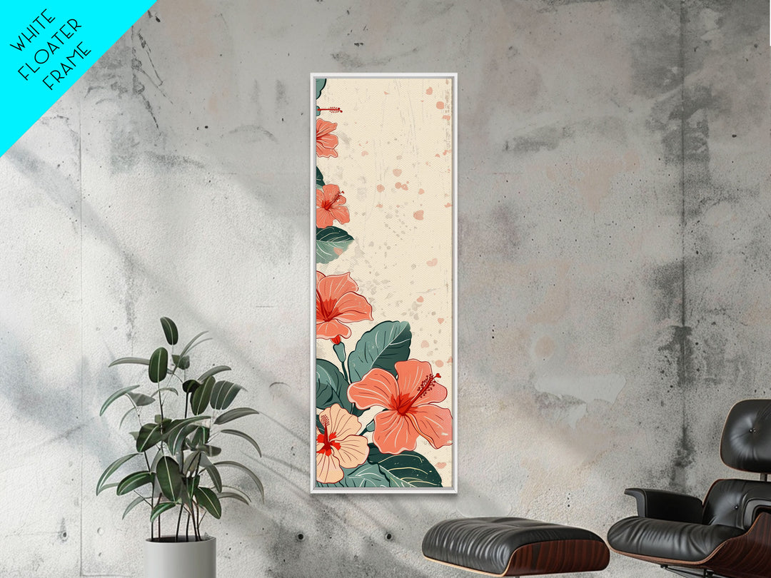 Soft Hibiscus Flowers In Delicate Shades Skinny Art Tall Art Framed Canvas Print Japanese Style Art Ukiyo-e Art Wood Block Print Floral Decorative