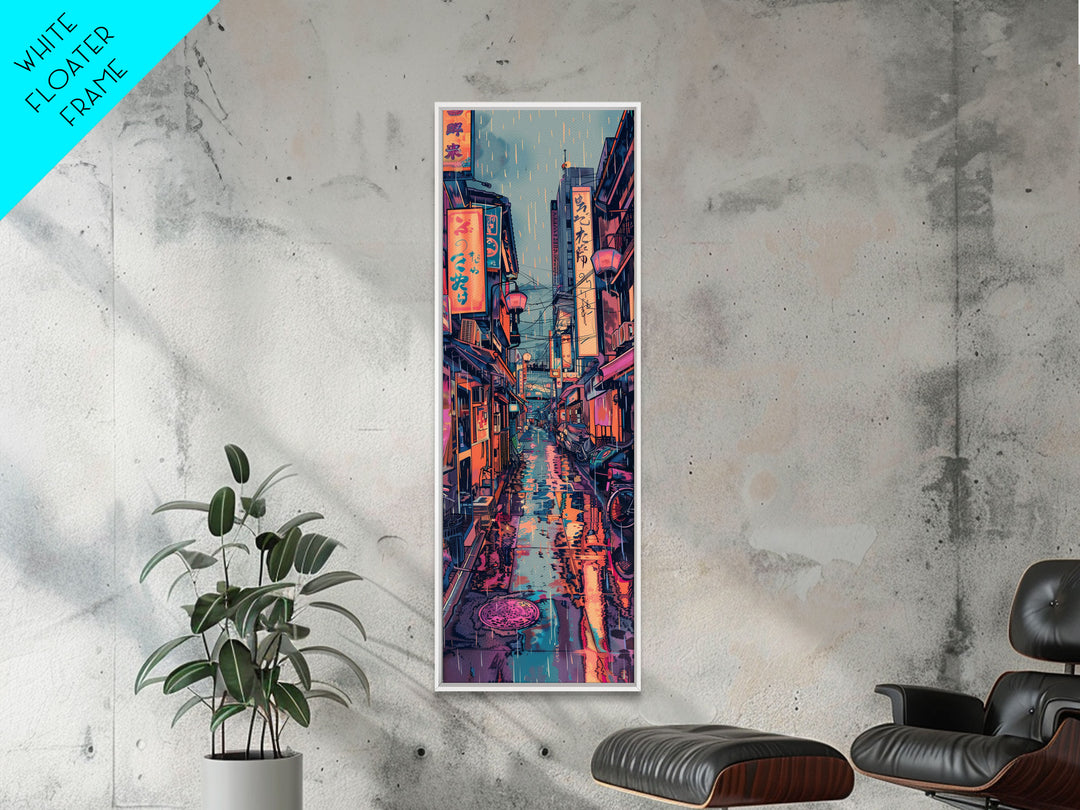 Vibrant Cityscape With Colorful Street Signs Skinny Art Tall Art Framed Canvas Print Japanese Style Art Ukiyo-e Art Wood Block Print Urban Energetic