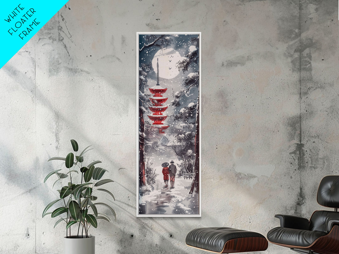 Snowy Pathway Leading To Red Pagoda Skinny Art Tall Art Framed Canvas Print Japanese Style Art Ukiyo-e Art Wood Block Print Seasonal Tranquil