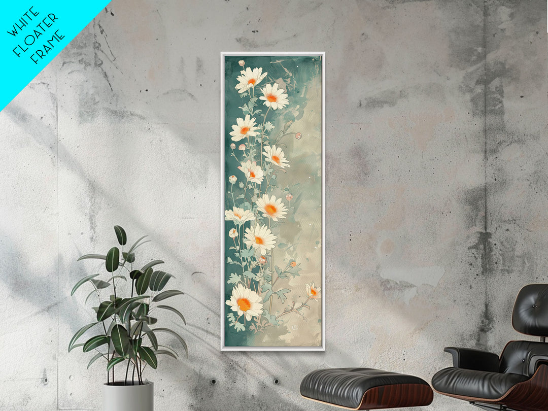 White Daisies With Orange Centers On A Soft Blue-Green Background, Skinny Art Tall Wall Art Framed Canvas Print Japanese Style Art