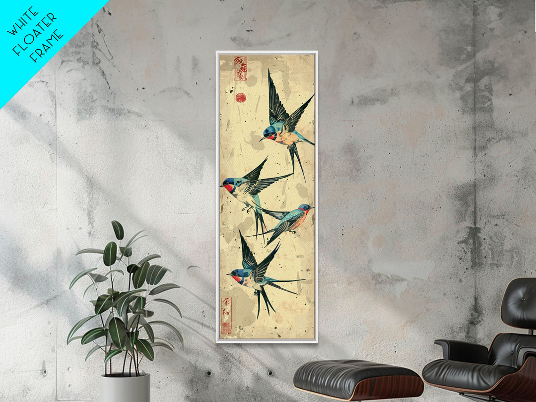 Trio Of Swallows In Flight Against A Vintage Beige Background, Skinny Art Tall Wall Art Framed Canvas Print Japanese Style Art