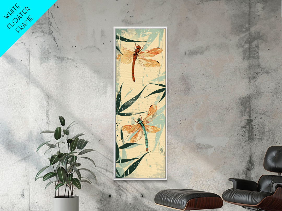 Two Dragonflies With Detailed Wings Hovering Near Bamboo, Skinny Art Tall Wall Art Framed Canvas Print Japanese Style Art