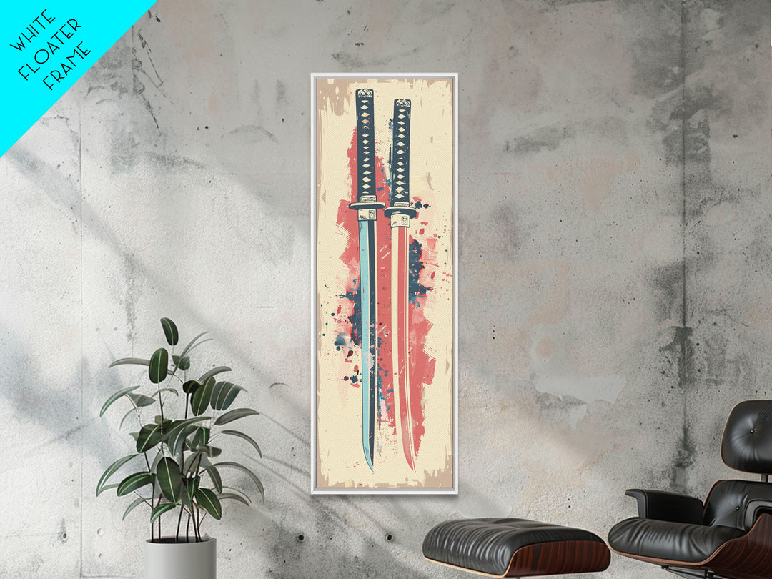 Abstract Samurai Swords Framed Canvas Print Ukiyo-e Art Japanese Style Tall Art Skinny Art Wood Block Print