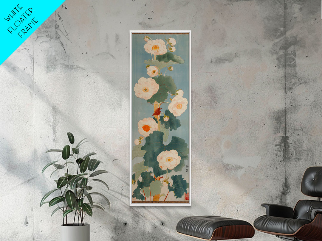 Tall White Blooms with Large Leaves on Blue Background, Framed Canvas Print in Japanese Art Style