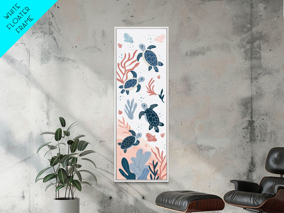 Swimming Sea Turtles with Coral, Tall Framed Canvas Print in Japanese Ukiyo-e Style Wall Art