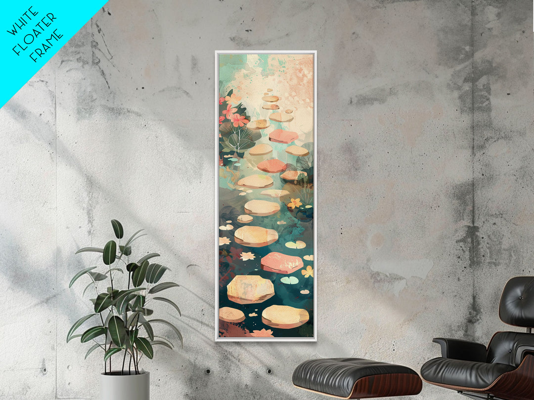 Stepping Stones In Japanese Garden Tranquil Path Art On Framed Canvas Print In Ukiyo-e Style Tall Skinny Wood Block Wall Decor