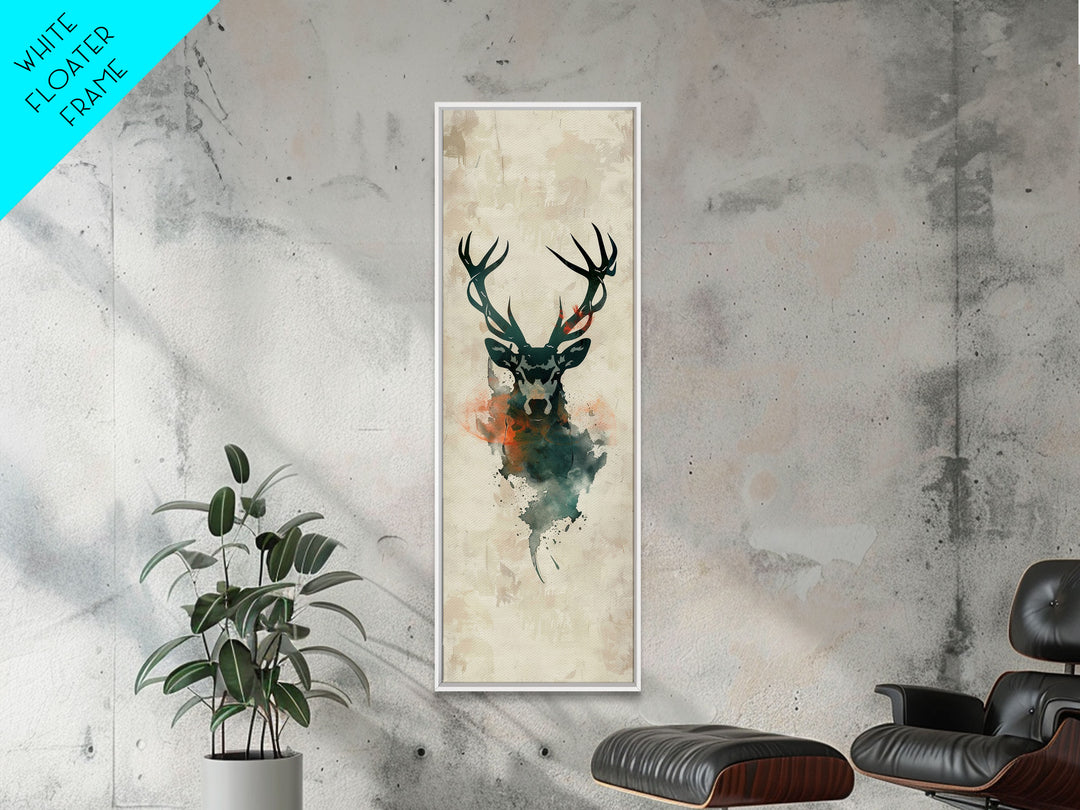 Stag Silhouette Japanese Style Tall Wall Art Skinny Framed Canvas Print Abstract Background