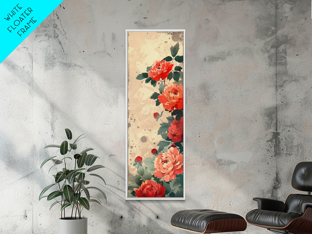 Vibrant Peonies Blooming Against A Soft Beige Background Traditional Japanese Aesthetic Tall Framed Canvas Print Floral Decor