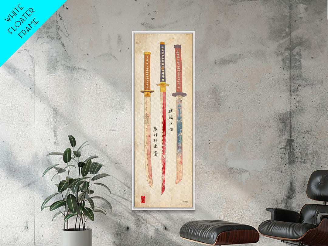 Three Ornate Samurai Swords Displayed Traditional Japanese Style On A Vintage Background Tall Framed Canvas Print Historical Decor