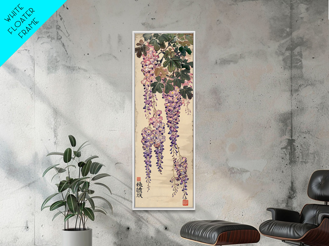 Wisteria Flowers Dangling Gracefully on a Textured Canvas Ukiyo-e Art Japanese Framed Canvas Print Skinny Tall Art