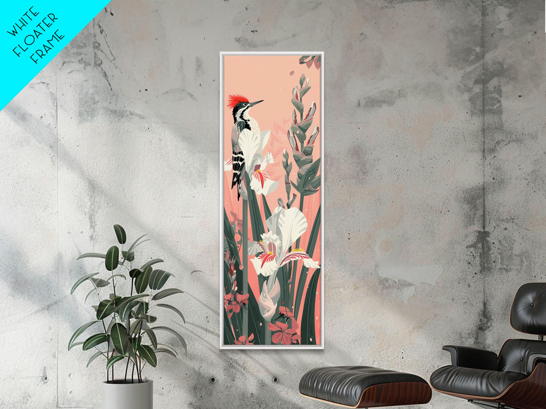 Woodpecker Perched on Stalks of Flowers against a Soft Pink Background Ukiyo-e Art Japanese Framed Canvas Print Skinny Tall Art