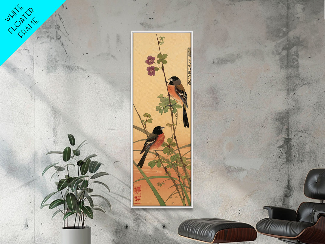 Tall Art, Skinny Art, Japanese Style Art, Birds On Branches Wood Block Print Framed Canvas Print Ukiyo-e Art