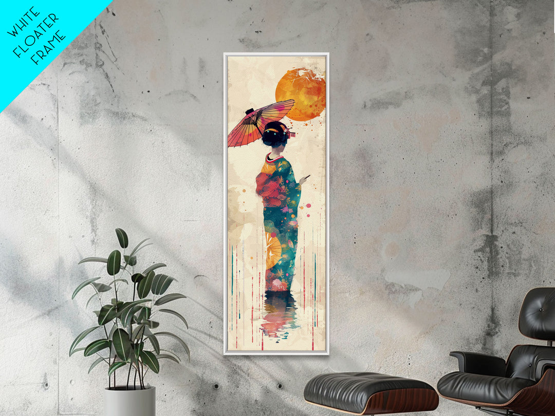 Ukiyo-e Art, Skinny Art, Tall Art, Japanese Style Art, Geisha With Umbrella Wood Block Print Framed Canvas Print