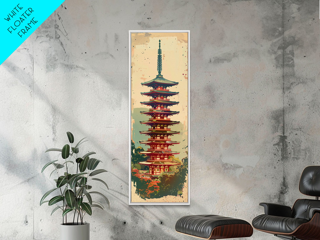 Tall Art, Skinny Art, Japanese Style Art, Pagoda Tower Wood Block Print Framed Canvas Print Ukiyo-e Art