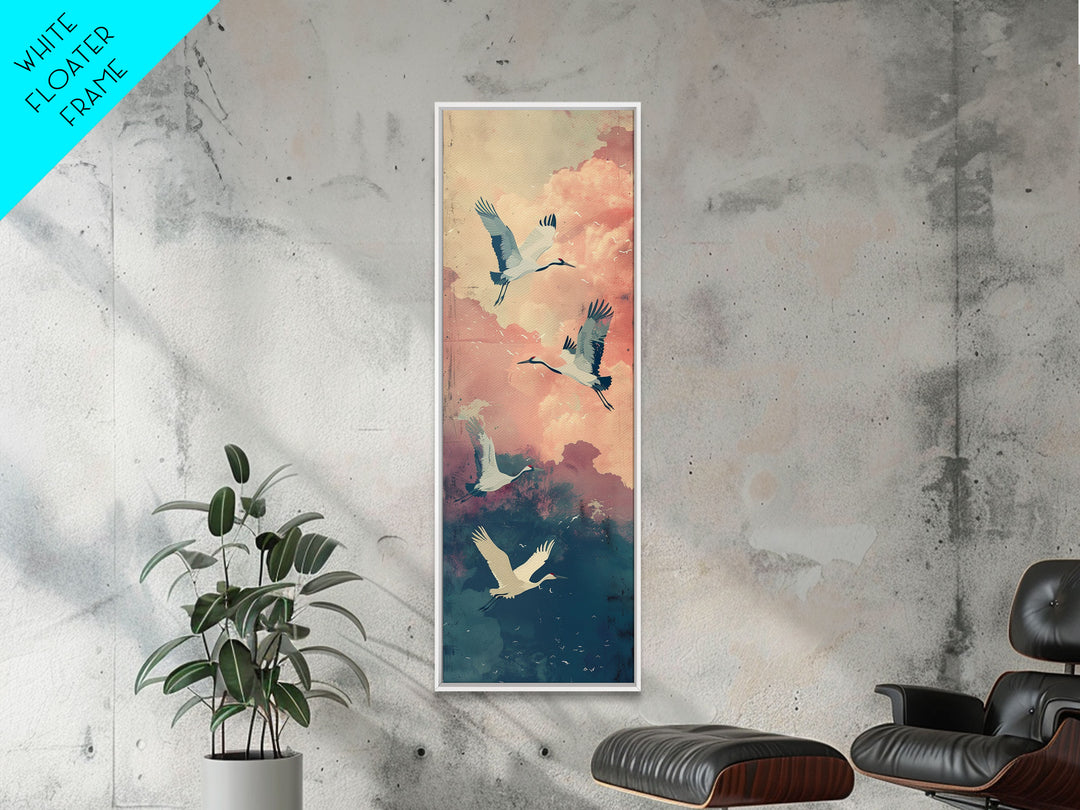 Ukiyo-e Art, Tall Art, Skinny Art, Japanese Style Art, Cranes In Flight Wood Block Print Framed Canvas Print