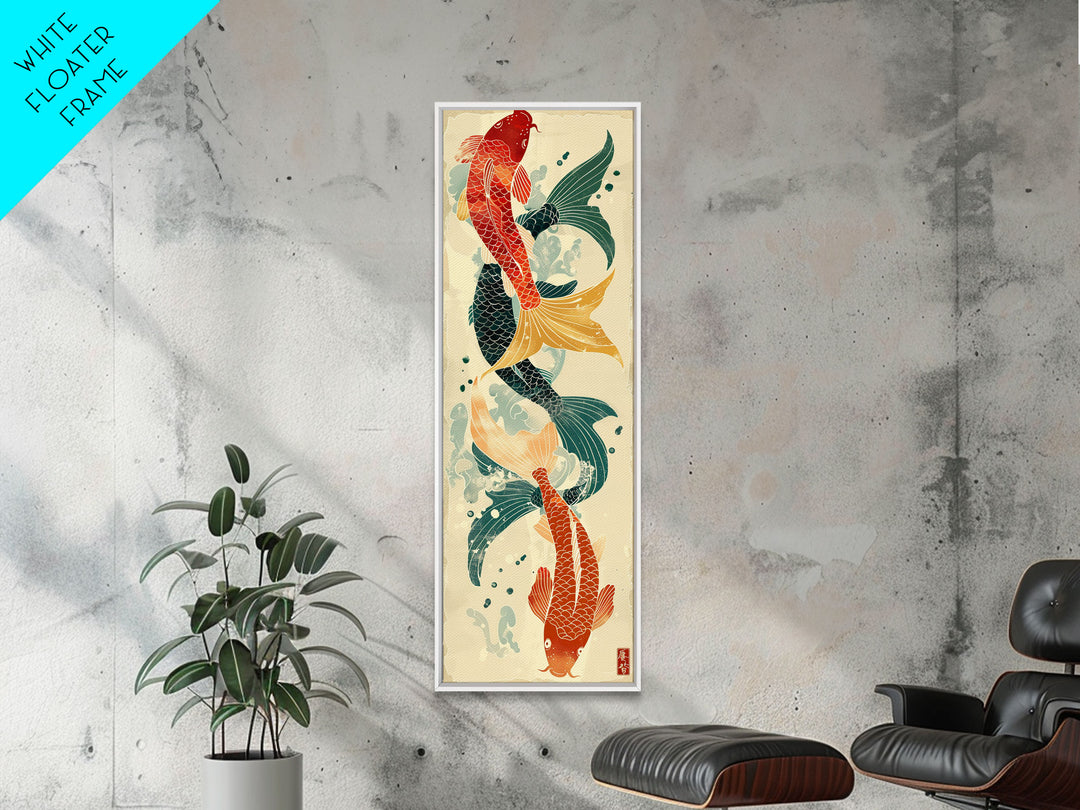 Ukiyo-e Art Of Two Koi Fish Intertwined In A Harmonious Composition, Skinny Art, Tall Art, Japanese Style Art, Wood Block Print, Framed Canvas Print