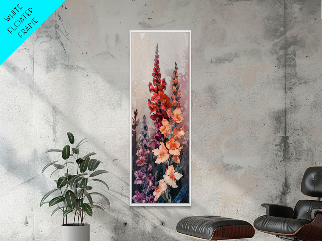 Wood Block Print Featuring Vibrant Gladiolus Flowers In A Dynamic Arrangement, Skinny Art, Tall Art, Japanese Style Art, Ukiyo-e Art, Framed Canvas Print