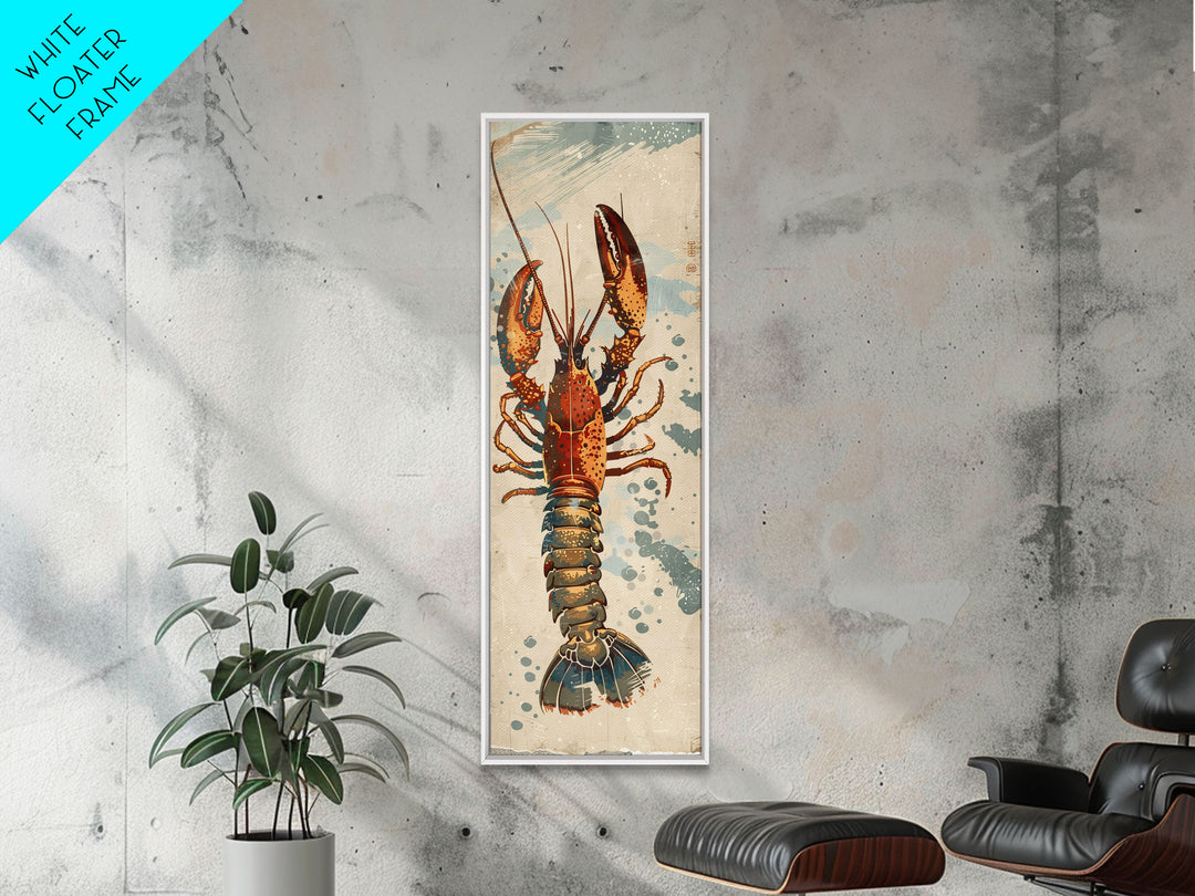 Ukiyo-e Art Of A Boldly Colored Lobster With Intricate Details, Skinny Art, Tall Art, Japanese Style Art, Framed Canvas Print, Wood Block Print