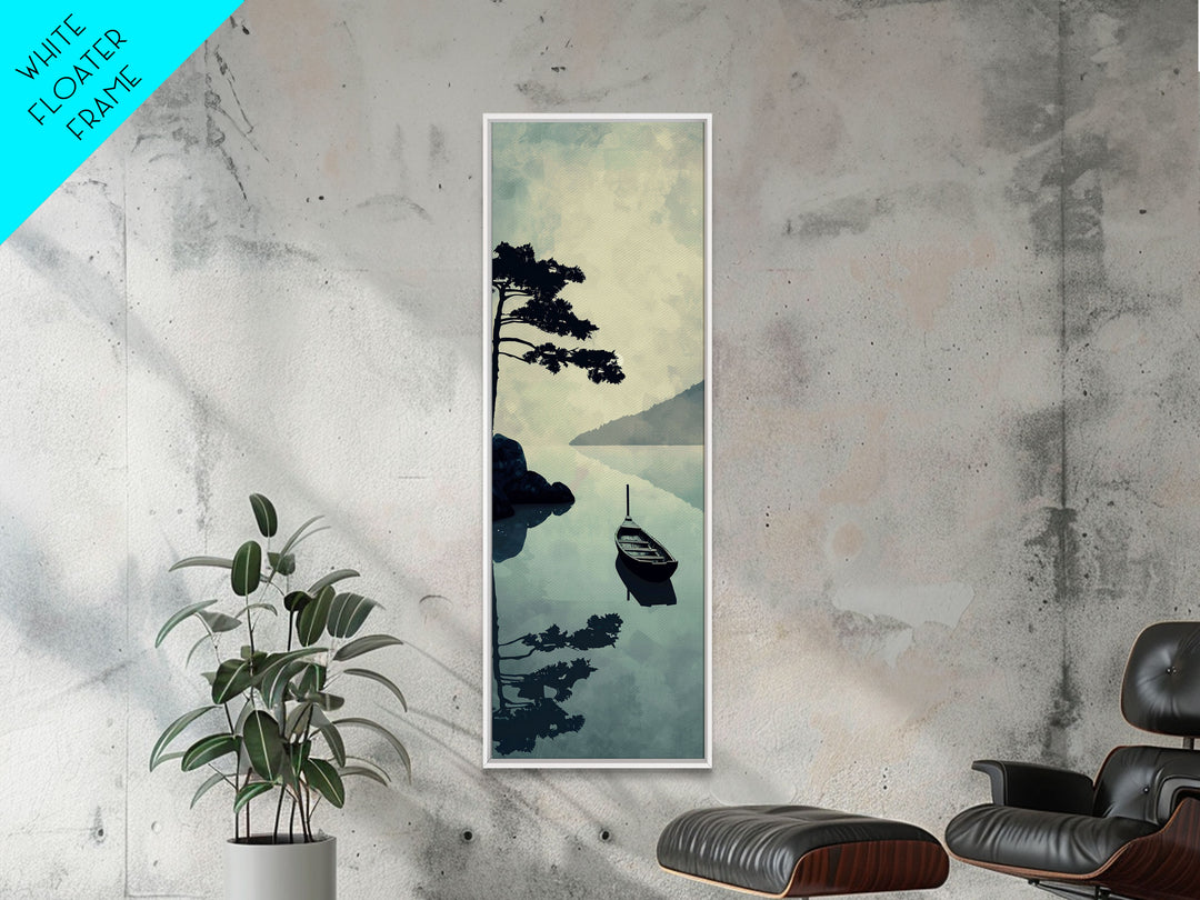 Skinny Art Tall Art Serene Lake Scene With Boat Wood Block Print Japanese Style Art Framed Canvas Print Calm Reflections On Still Water