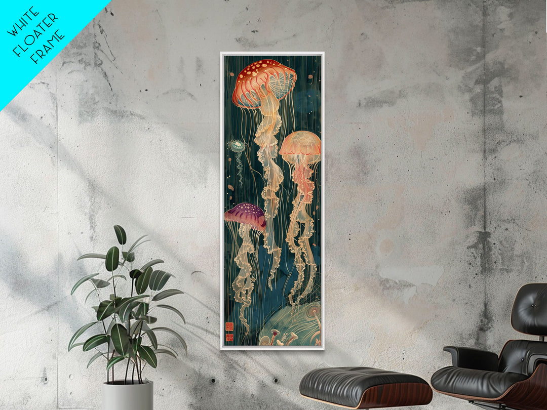 Skinny Art Tall Art Jellyfish Wood Block Print Japanese Style Art Captivating Underwater Scene Framed Canvas Print