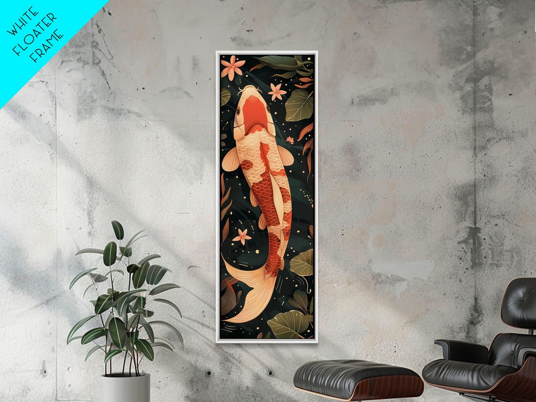 Skinny Art Tall Art Koi Fish Wood Block Print Japanese Style Art Swimming Among Lotus Flowers Framed Canvas Print