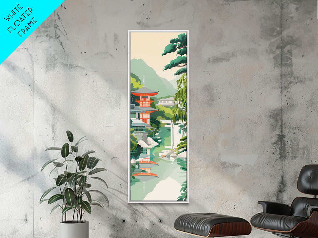 Skinny Art Tall Art Tranquil Japanese Garden Wood Block Print Japanese Style Art With Pagoda Reflected In Water Framed Canvas Print