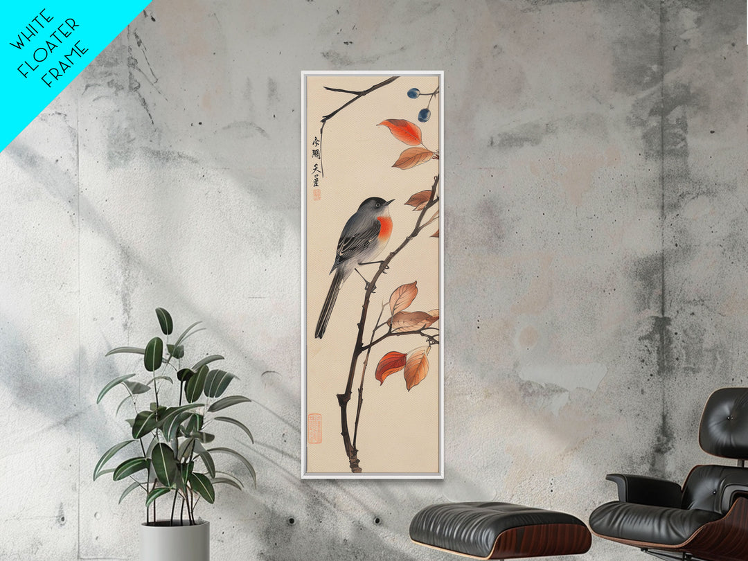 Songbird Perched On Branch With Autumn Leaves Skinny Art Wood Block Print Framed Canvas Print