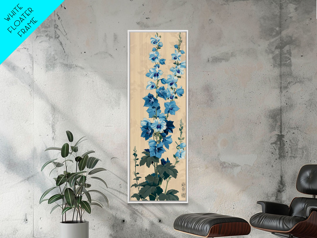 Tall Blue Delphinium Flowers Against Beige Background Ukiyo-e Wood Block Print Framed Canvas Print