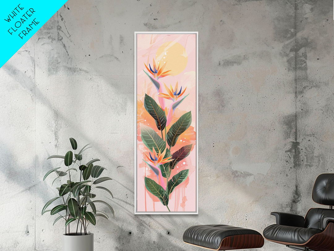 Vibrant Bird Of Paradise Flowers Against Soft Pastel Background Ukiyo-e Style Skinny Tall Wood Block Framed Canvas Print