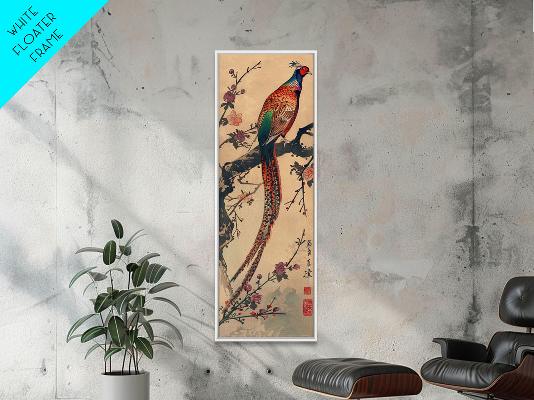 Vibrant Pheasant Perched On Flowering Branch For Traditional Japanese Art Wall Decor Framed Canvas Print