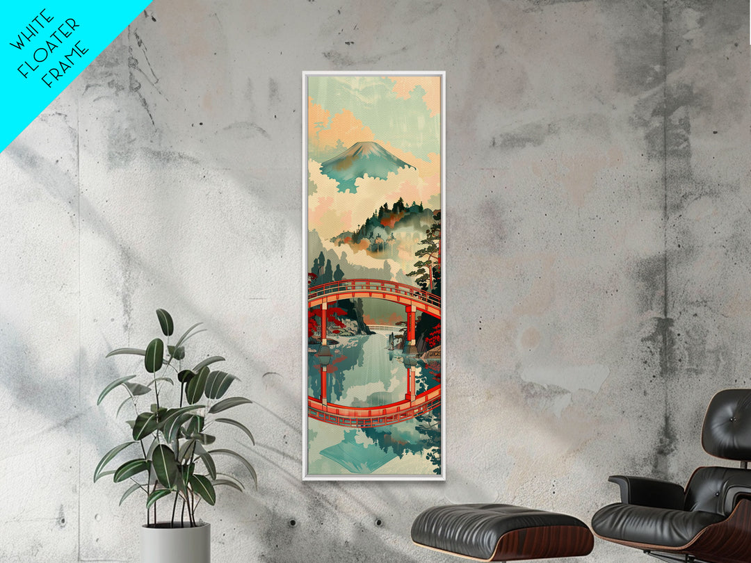 Stunning Mount Fuji With Red Bridge Reflection, Skinny Tall Framed Canvas Print, Feng Shui-Inspired Japanese Style Art For Wall Art