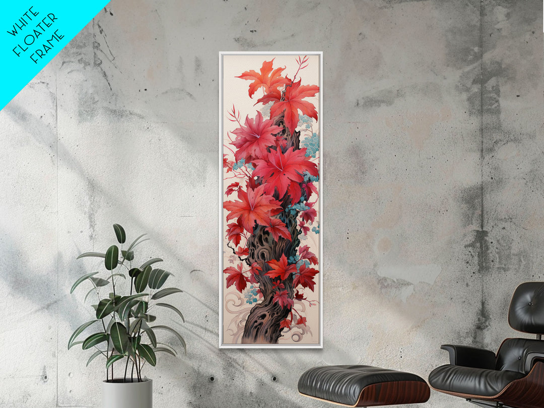 Vibrant Red Leaves On A Gnarled Tree Trunk, Tall Skinny Canvas Print For Feng Shui Decor, Japanese Style Wall Art