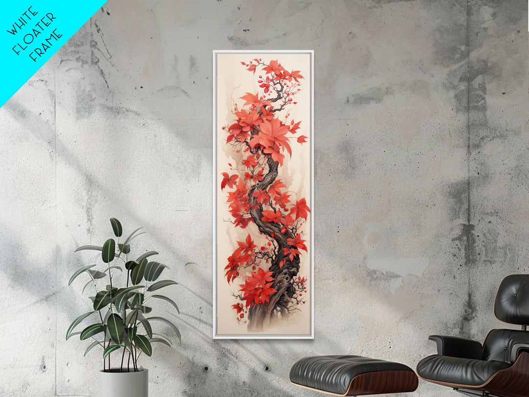 Twisting Red Vine With Autumn Berries, Skinny Tall Canvas Art Perfect For Feng Shui-Inspired Japanese Style Wall Art