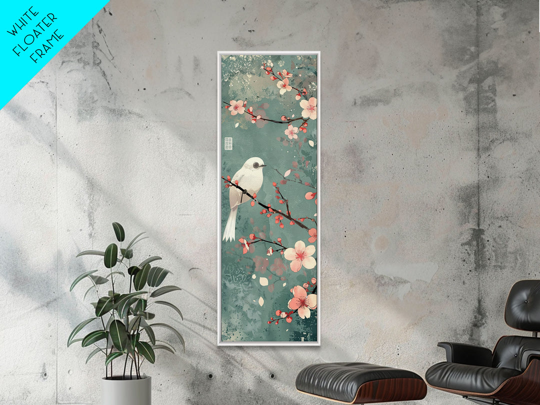 White Bird Perched On A Branch With Blossoms – Framed Canvas Print Combining Skinny Art And Tall Art Inspired By Ukiyo-E Art And Japanese Style Art