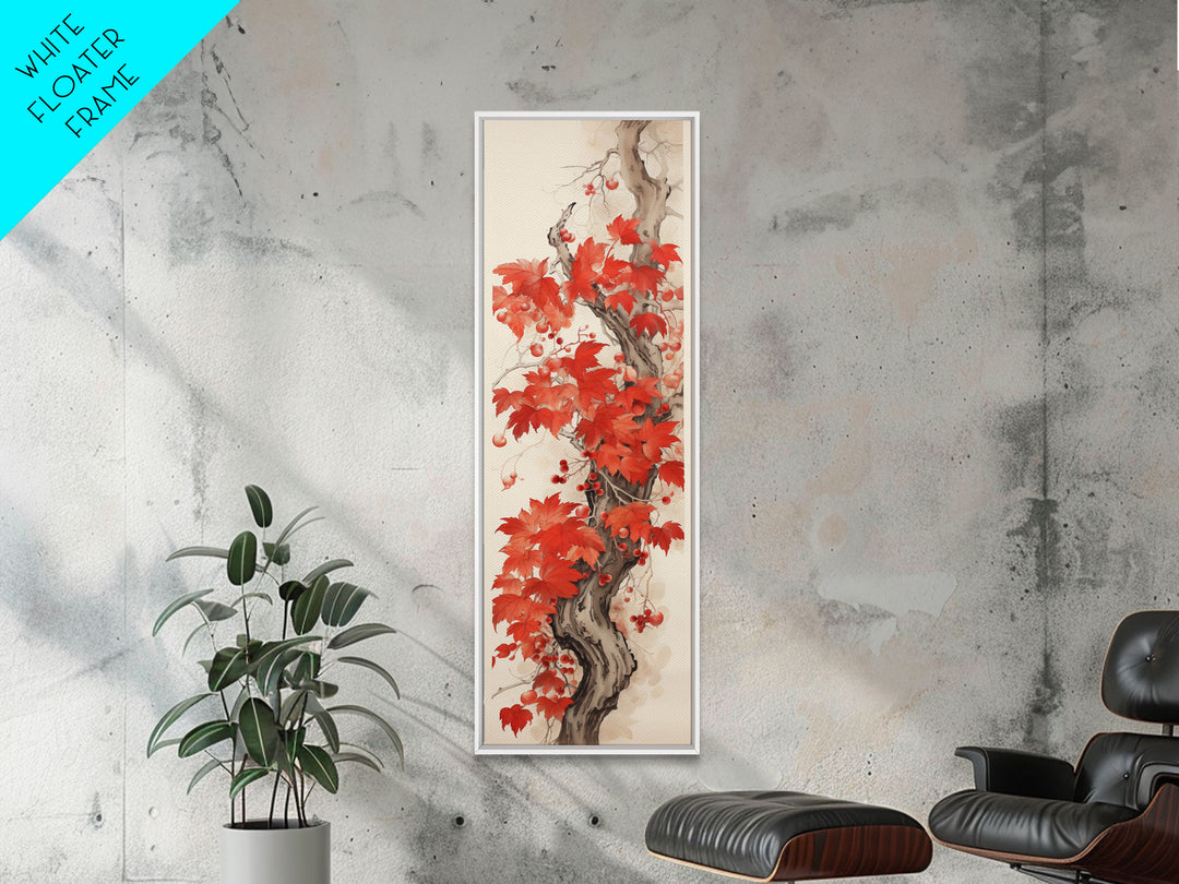 Striking Red Leaves And Berries On A Gnarled Tree, Tall Skinny Canvas Print For Feng Shui-Inspired Wall Art, Japanese Style Art