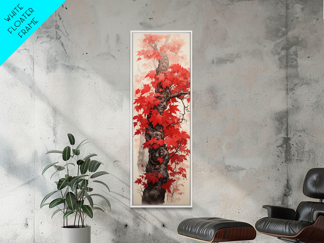 Skinny Art Tall Art Framed Canvas Print Japanese Style Art Wood Block Print Red Maple Leaves Tree Trunk Ukiyo-e Feng Shui Wall Art