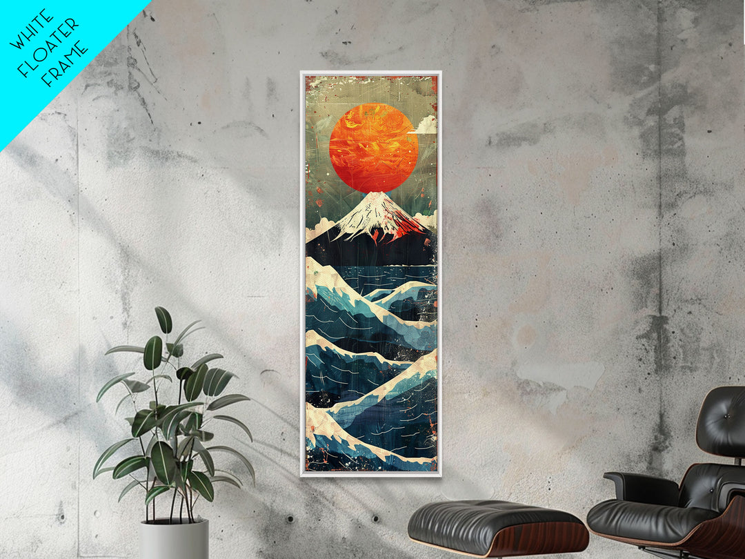 Skinny Art Tall Art Framed Canvas Print Japanese Style Art Mount Fuji Sunset Wood Block Print Ukiyo-e Feng Shui Wall Art