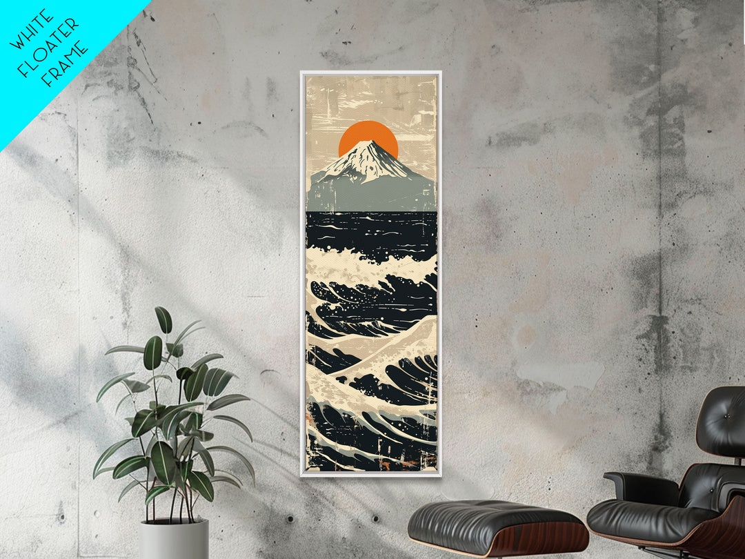 Skinny Art Tall Art Framed Canvas Print Japanese Style Art Vintage Mount Fuji Sun And Waves Wood Block Print Ukiyo-e Feng Shui Wall Art