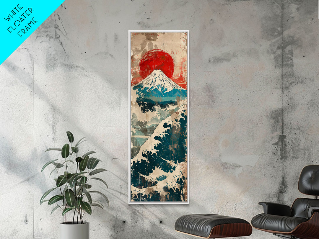 Skinny Art Tall Art Framed Canvas Print Japanese Style Art Retro Red Sun Mount Fuji Wood Block Print Ukiyo-e Feng Shui Wall Art