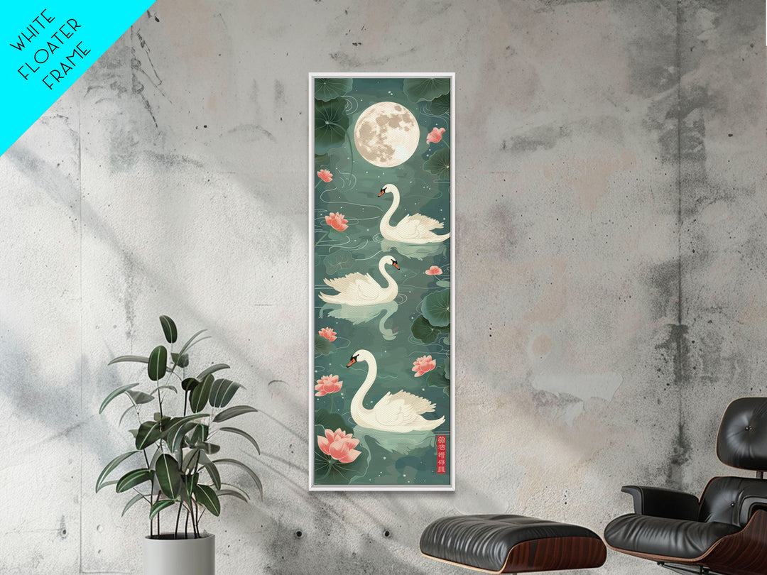 Swans Floating Gracefully Under The Full Moon In Japanese Style Ukiyo-e Art Framed Canvas Print Skinny Art Tall Art