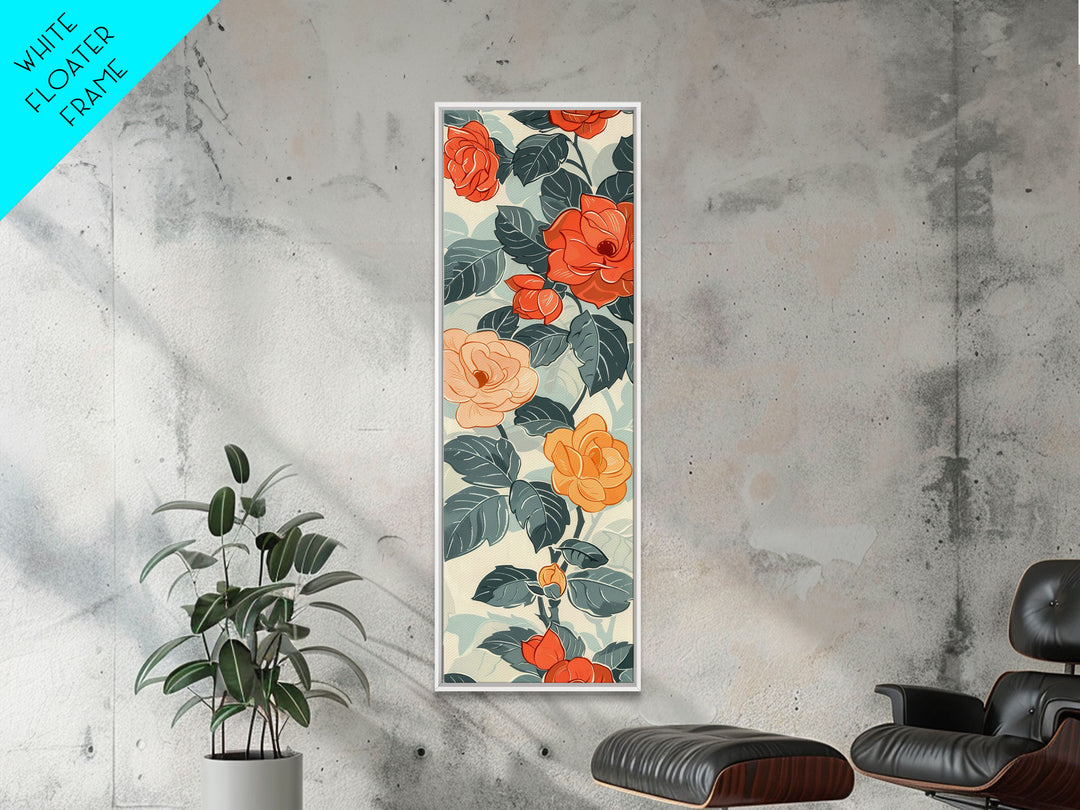 Vibrant Red And Orange Roses In Japanese Style Ukiyo-e Art Framed Canvas Print Skinny Art Tall Art