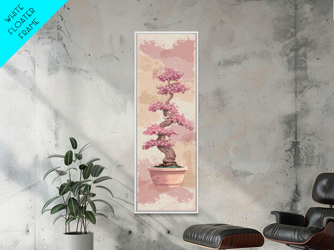 Tall Skinny Art Japanese Style Wood Block Print Potted Bonsai Tree On A Textured Background In Ukiyo-e Style For Framed Canvas Print