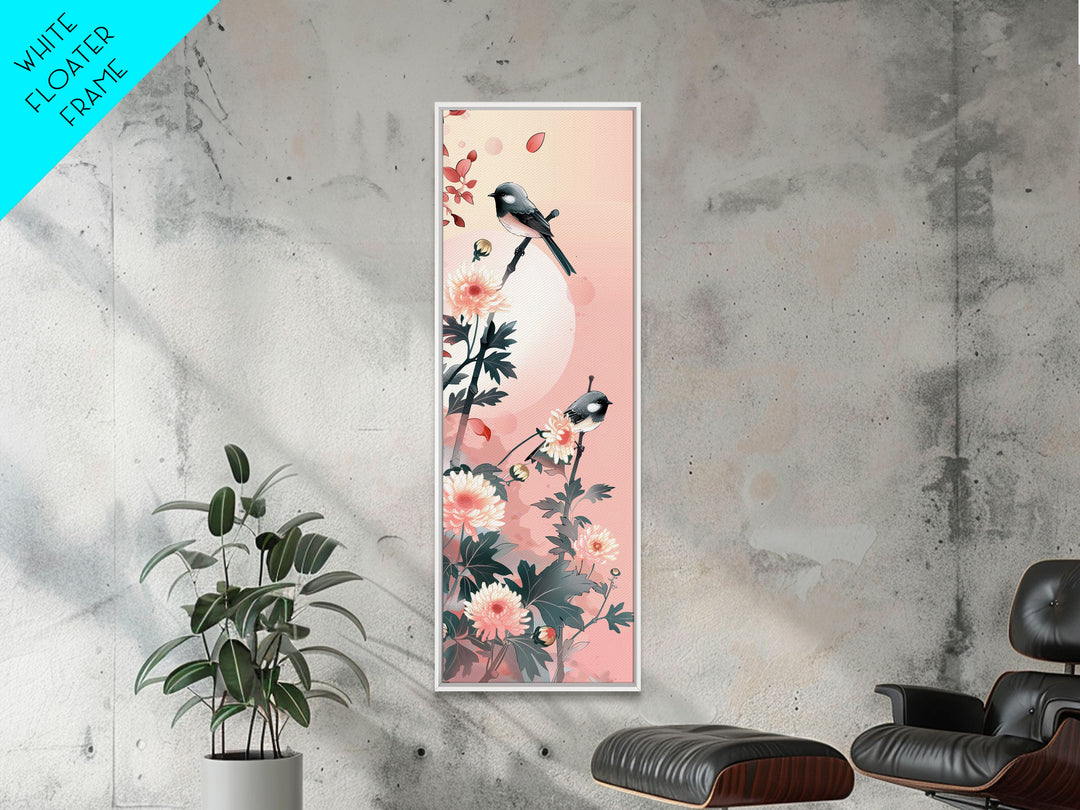 Tall Skinny Art Japanese Style Wood Block Print Birds On Branches Against A Soft Background For Framed Canvas Print In Ukiyo-e Style